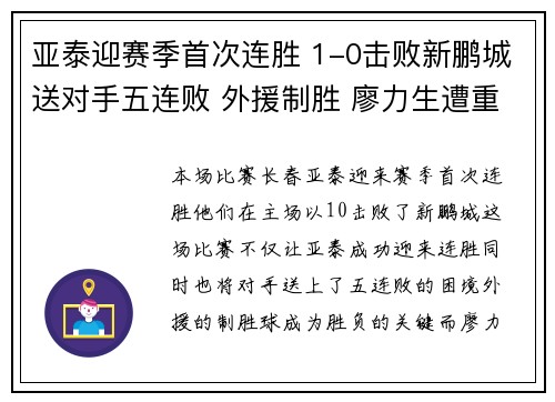 亚泰迎赛季首次连胜 1-0击败新鹏城送对手五连败 外援制胜 廖力生遭重伤